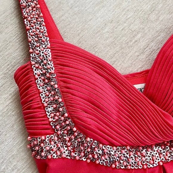 Cache Pink Dress Coral Beaded Sequin Silk Maxi Prom Dress Classic Elegance - Picture 9 of 13